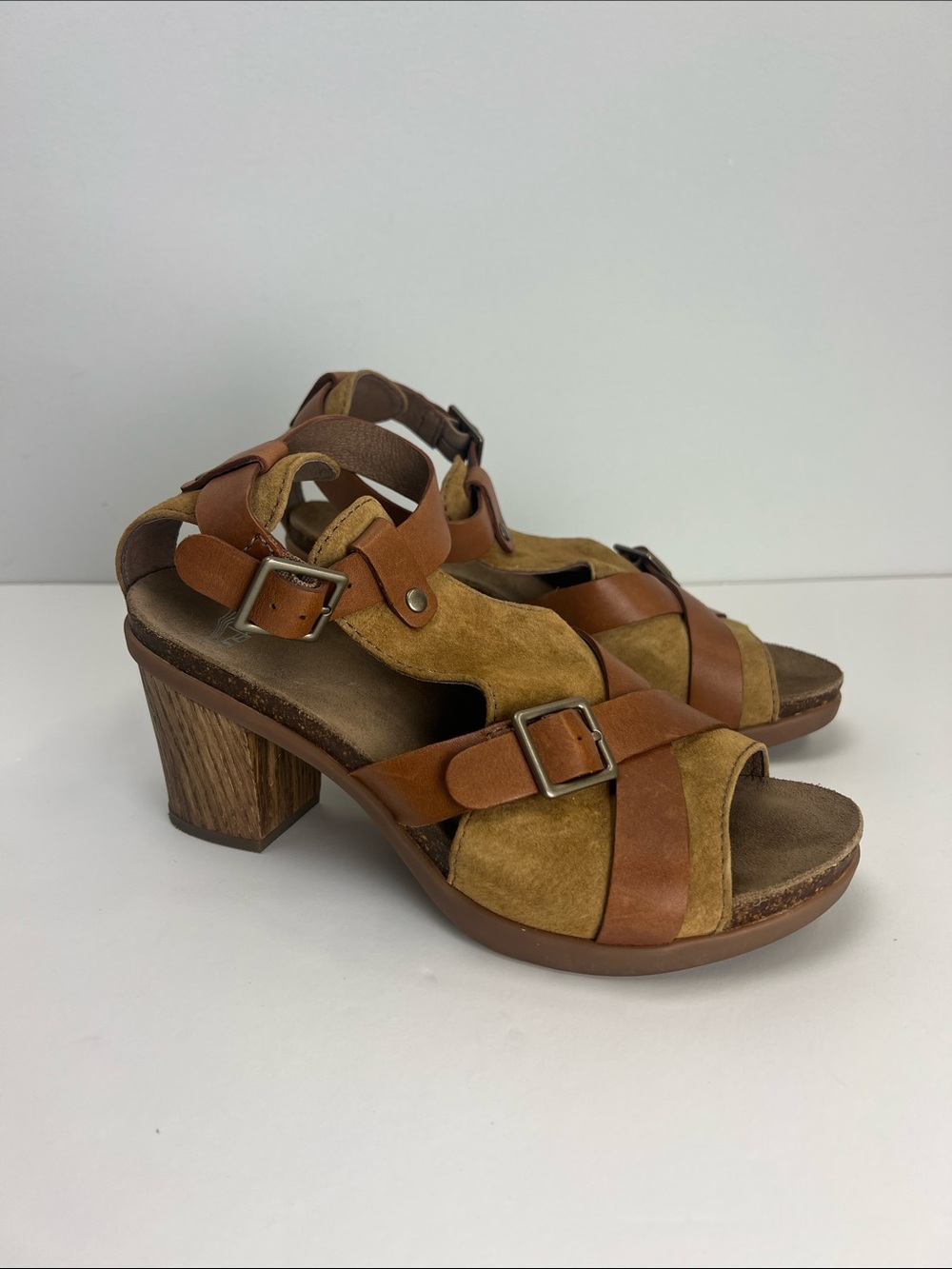 Dansko Dominique Brown Heeled Sandals Chunky Leather EU 38 Womens 7.8 8 Comfort
